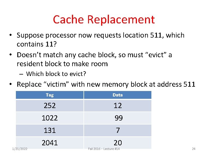 Cache Replacement • Suppose processor now requests location 511, which contains 11? • Doesn’t Cache Replacement • Suppose processor now requests location 511, which contains 11? • Doesn’t