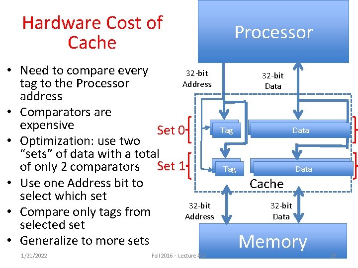 Hardware Cost of Cache Processor • Need to compare every 32 -bit Address tag Hardware Cost of Cache Processor • Need to compare every 32 -bit Address tag