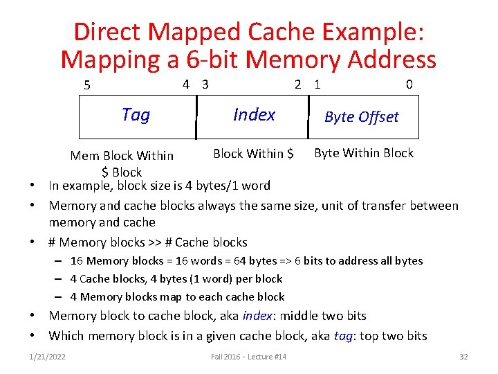 Direct Mapped Cache Example: Mapping a 6 -bit Memory Address 4 3 5 Tag Direct Mapped Cache Example: Mapping a 6 -bit Memory Address 4 3 5 Tag