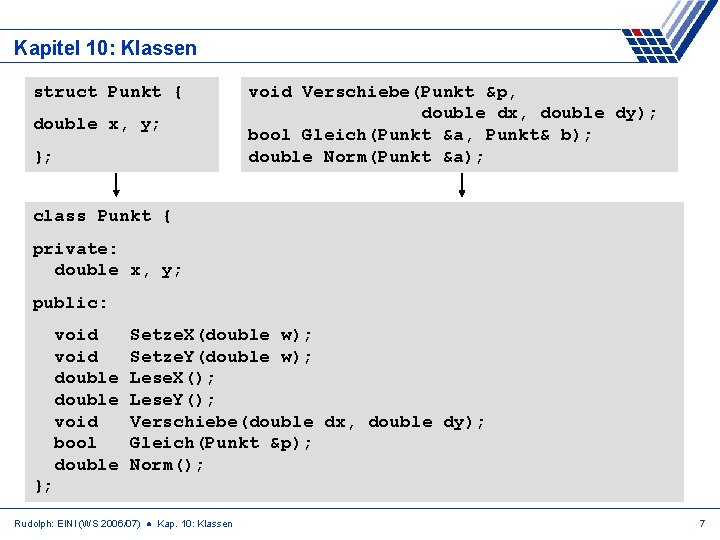 Kapitel 10: Klassen struct Punkt { double x, y; }; void Verschiebe(Punkt &p, double