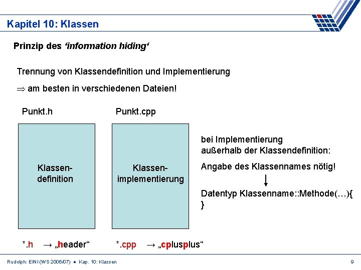 Kapitel 10: Klassen Prinzip des ‘information hiding‘ Trennung von Klassendefinition und Implementierung am besten