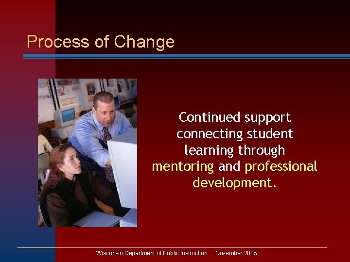 Process of Change Continued support connecting student learning through mentoring and professional development. Wisconsin