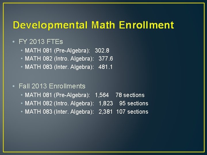 Developmental Math Enrollment • FY 2013 FTEs • MATH 081 (Pre-Algebra): 302. 8 •