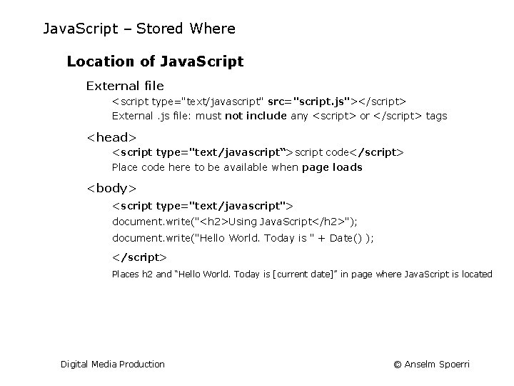 Java. Script – Stored Where Location of Java. Script External file <script type="text/javascript" src="script.