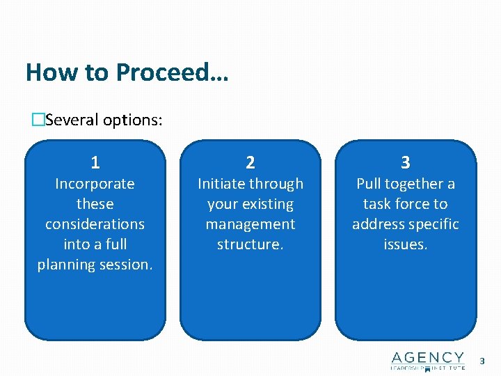 How to Proceed… �Several options: 1 Incorporate these considerations into a full planning session.