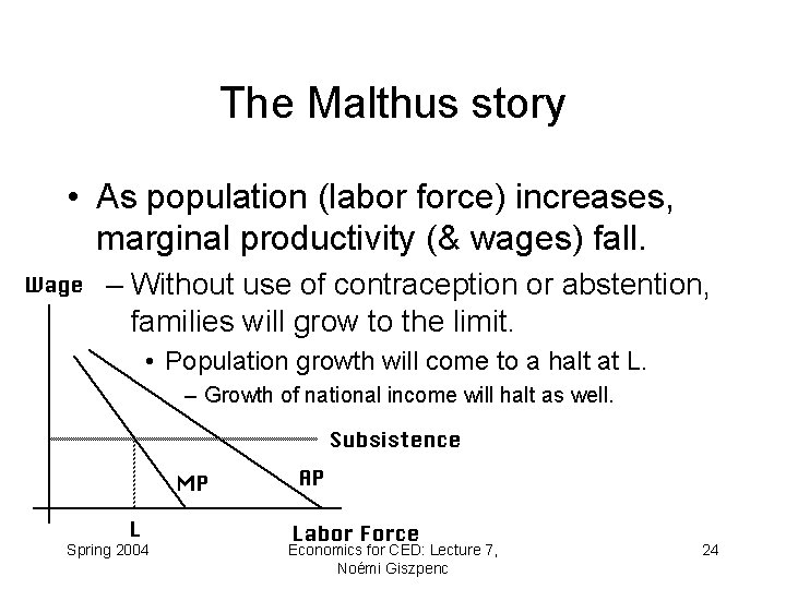 The Malthus story • As population (labor force) increases, marginal productivity (& wages) fall.