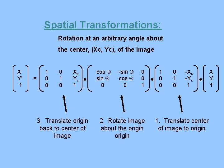 Spatial Transformations: Rotation at an arbitrary angle about the center, (Xc, Yc), of the