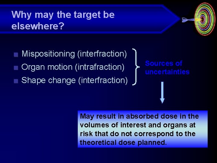 Why may the target be elsewhere? ■ ■ Mispositioning (interfraction) Organ motion (intrafraction) ■