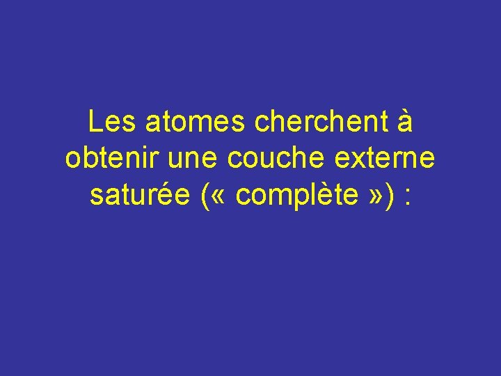 Les atomes cherchent à obtenir une couche externe saturée ( « complète » ) Les atomes cherchent à obtenir une couche externe saturée ( « complète » )