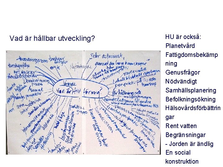 Vad är hållbar utveckling? HU är också: Planetvård Fattigdomsbekämp ning Genusfrågor Nödvändigt Samhällsplanering Befolkningsökning