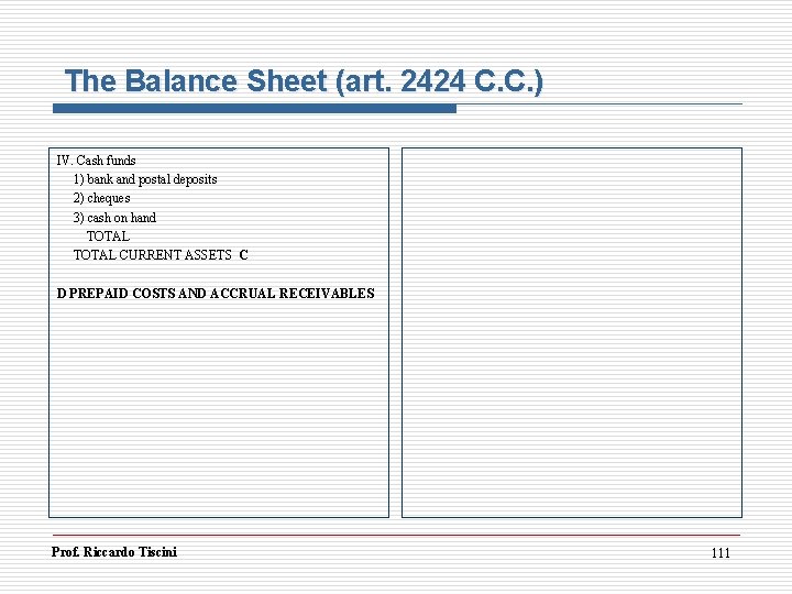 The Balance Sheet (art. 2424 C. C. ) IV. Cash funds 1) bank and