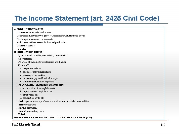 The Income Statement (art. 2425 Civil Code) A PRODUCTION VALUE 1) renevues from sales