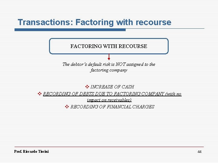 Transactions: Factoring with recourse FACTORING WITH RECOURSE The debtor’s default risk is NOT assigned