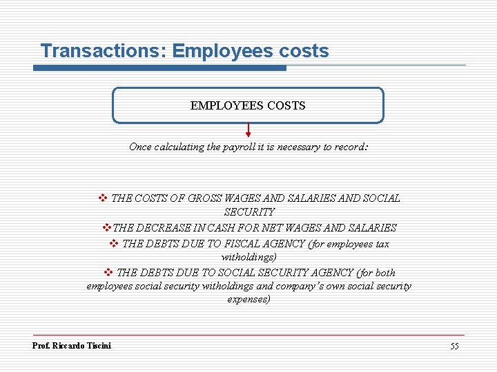 Transactions: Employees costs EMPLOYEES COSTS Once calculating the payroll it is necessary to record: