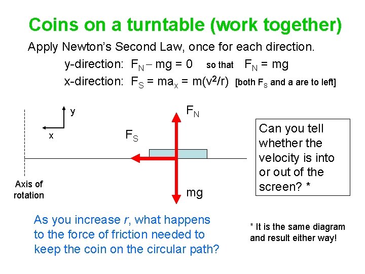 Coins on a turntable (work together) Apply Newton’s Second Law, once for each direction.