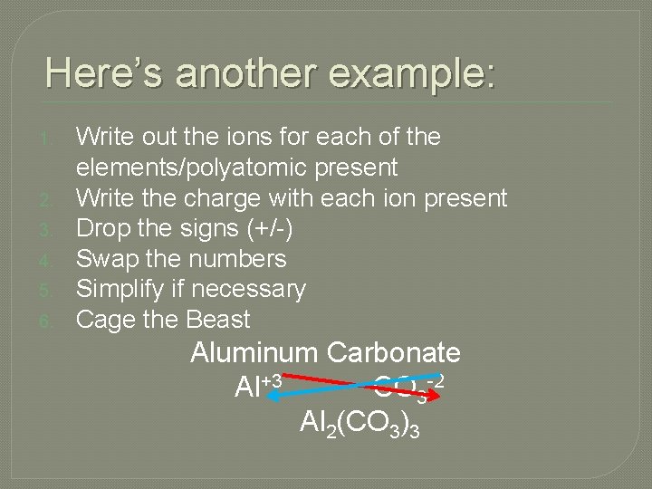 Here’s another example: 1. 2. 3. 4. 5. 6. Write out the ions for