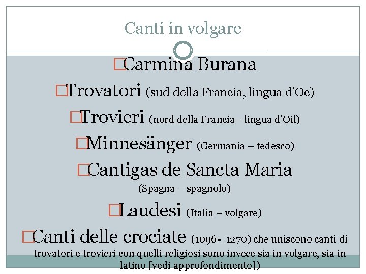 Canti in volgare �Carmina Burana �Trovatori (sud della Francia, lingua d’Oc) �Trovieri (nord della