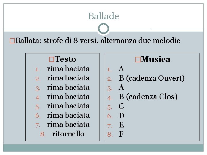 Ballade �Ballata: strofe di 8 versi, alternanza due melodie �Musica �Testo 1. rima baciata