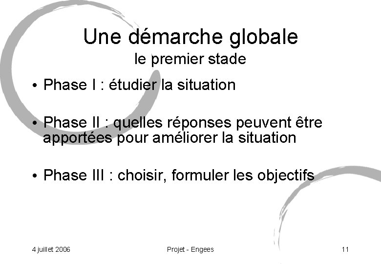 Une démarche globale le premier stade • Phase I : étudier la situation •