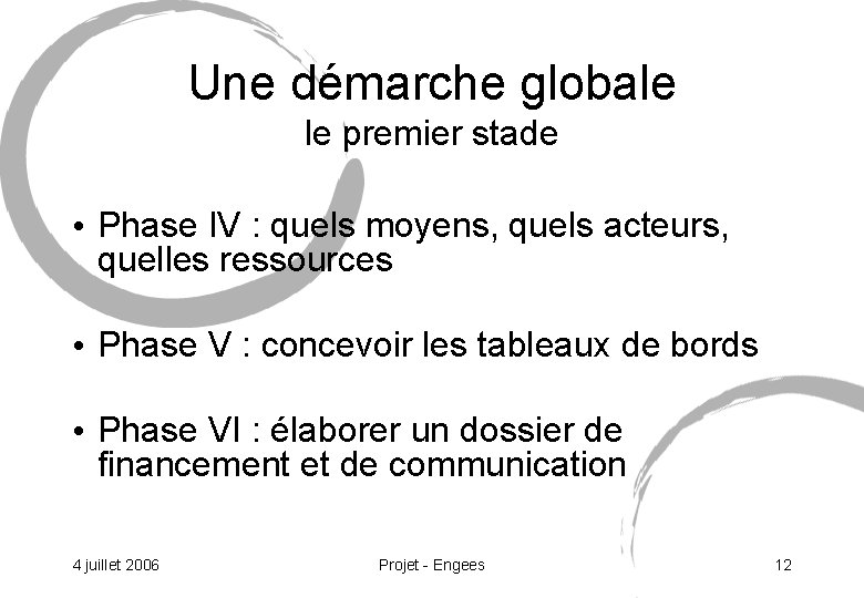 Une démarche globale le premier stade • Phase IV : quels moyens, quels acteurs,