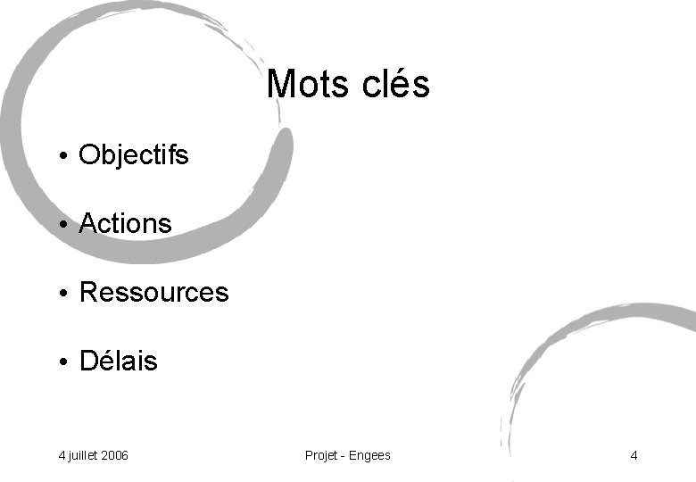 Mots clés • Objectifs • Actions • Ressources • Délais 4 juillet 2006 Projet