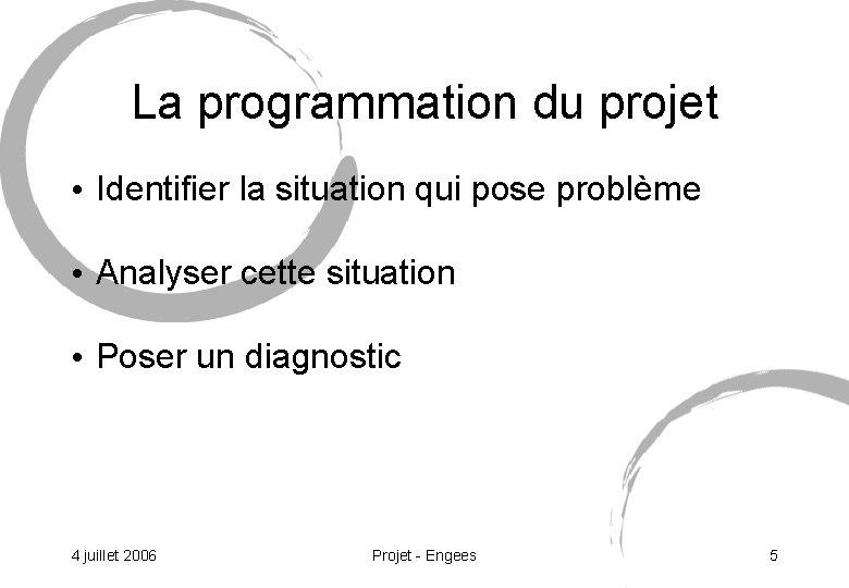 La programmation du projet • Identifier la situation qui pose problème • Analyser cette