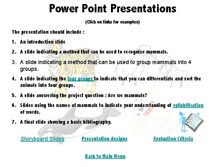 Power Point Presentations (Click on links for examples) The presentation should include : 1.