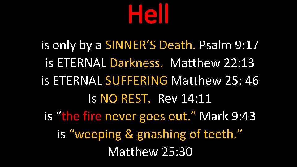Hell is only by a SINNER’S Death. Psalm 9: 17 is ETERNAL Darkness. Matthew