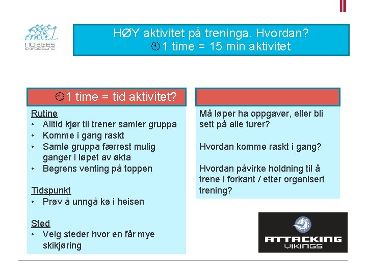 HØY aktivitet på treninga. Hvordan? À1 time = 15 min aktivitet À1 time =