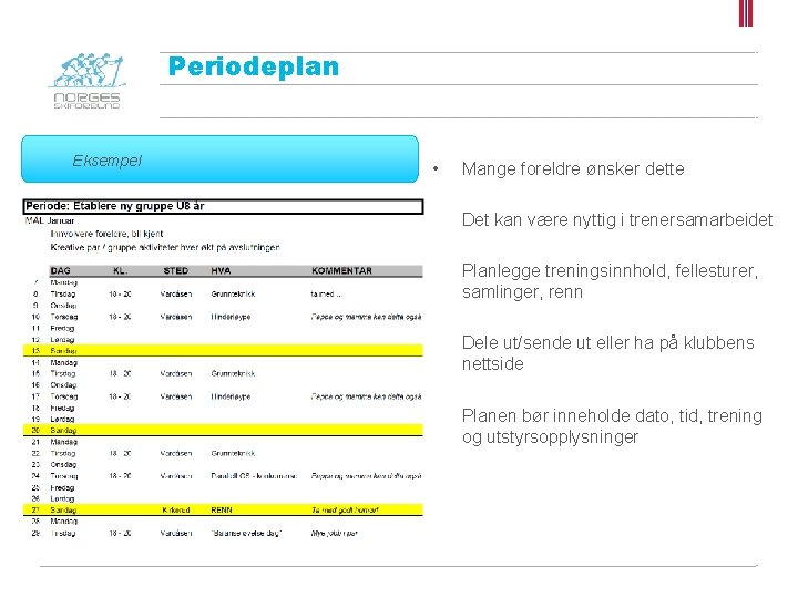Periodeplan Eksempel • Mange foreldre ønsker dette • Det kan være nyttig i trenersamarbeidet