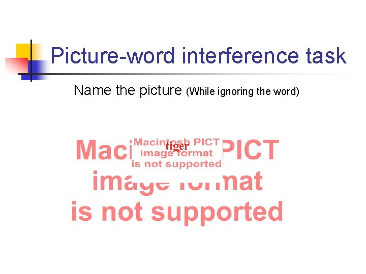 Picture-word interference task Name the picture (While ignoring the word) tiger 