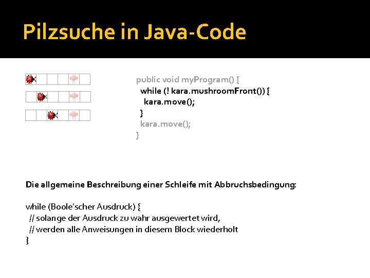 Pilzsuche in Java-Code public void my. Program() { while (! kara. mushroom. Front()) {