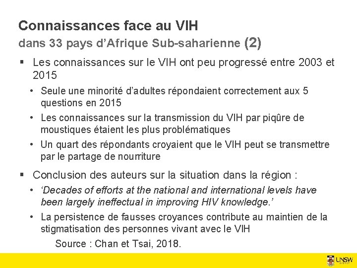 Connaissances face au VIH dans 33 pays d’Afrique Sub-saharienne (2) § Les connaissances sur