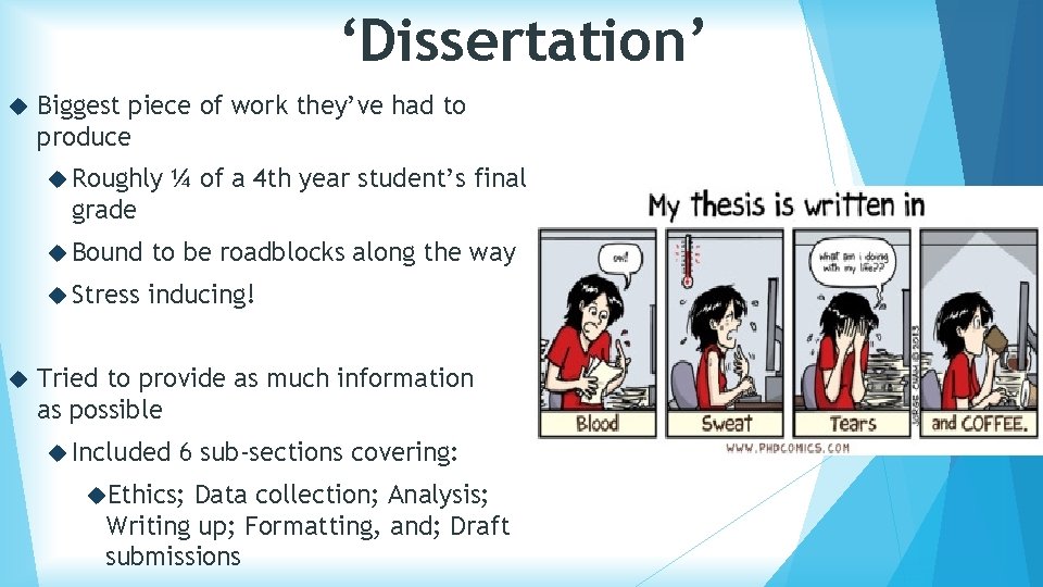 ‘Dissertation’ Biggest piece of work they’ve had to produce Roughly ¼ of a 4