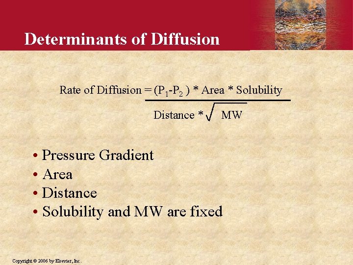 Determinants of Diffusion Rate of Diffusion = (P 1 -P 2 ) * Area