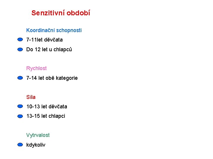 Senzitivní období Koordinační schopnosti 7 -11 let děvčata Do 12 let u chlapců Rychlost