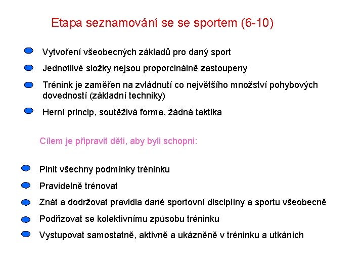 Etapa seznamování se se sportem (6 -10) Vytvoření všeobecných základů pro daný sport Jednotlivé