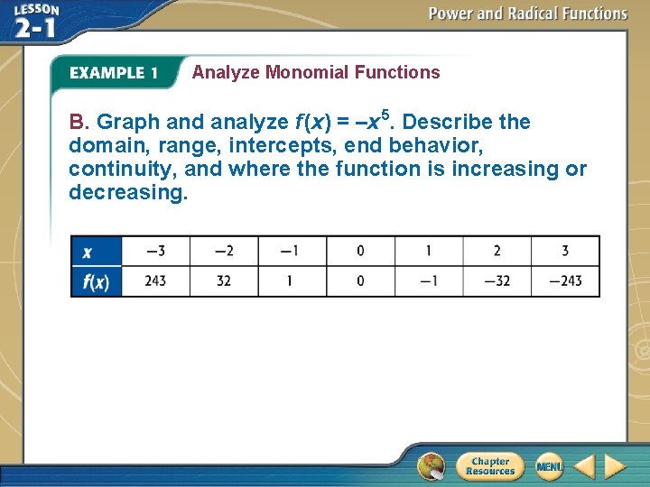 Analyze Monomial Functions B. Graph and analyze f (x) = –x 5. Describe the