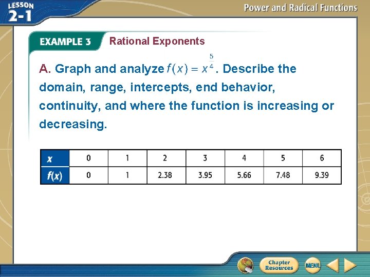 Rational Exponents A. Graph and analyze. Describe the domain, range, intercepts, end behavior, continuity,