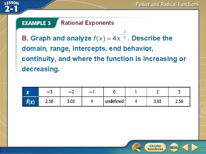 Rational Exponents B. Graph and analyze. Describe the domain, range, intercepts, end behavior, continuity,