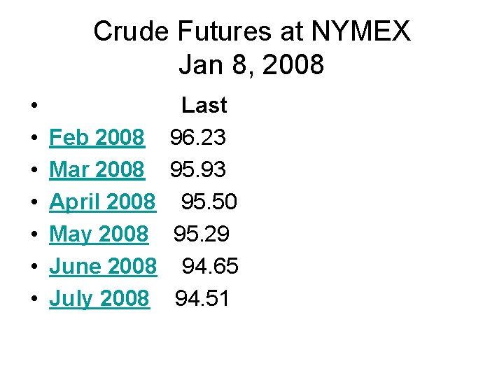 Crude Futures at NYMEX Jan 8, 2008 • • Feb 2008 Mar 2008 April