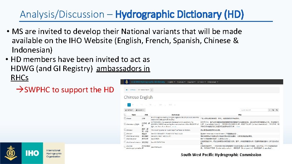 Analysis/Discussion – Hydrographic Dictionary (HD) • MS are invited to develop their National variants