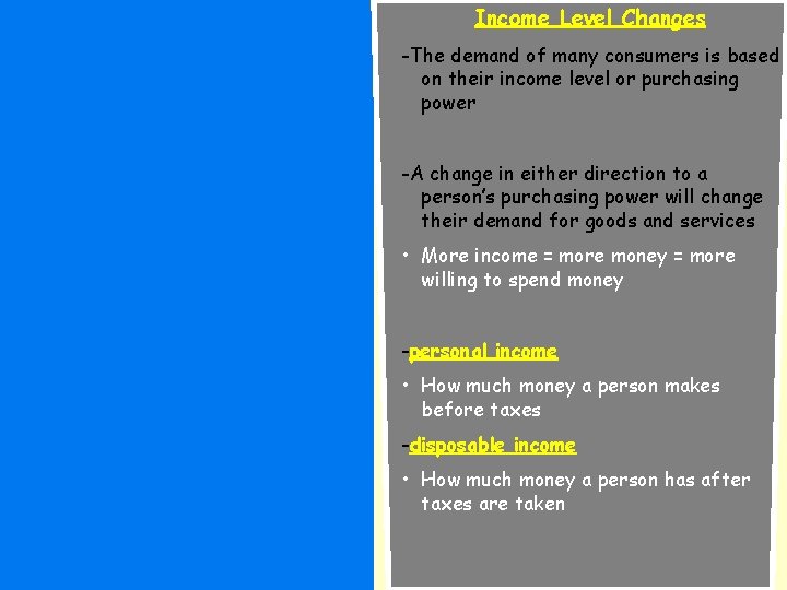 Income Level Changes -The demand of many consumers is based on their income level