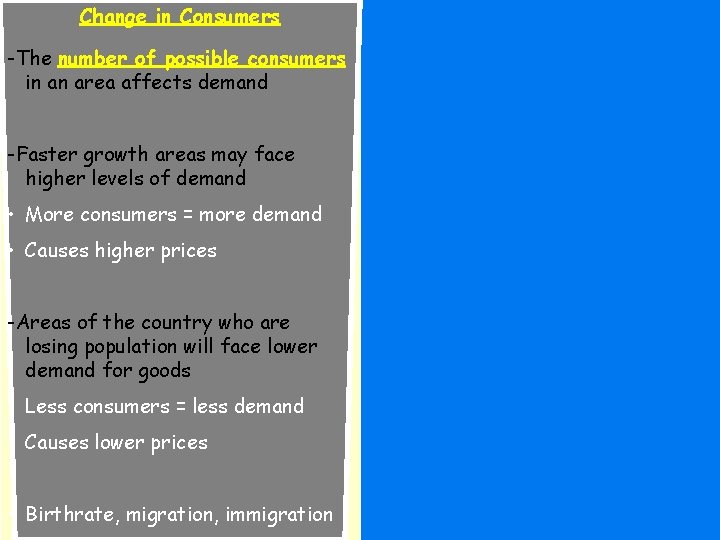 Change in Consumers -The number of possible consumers in an area affects demand -Faster