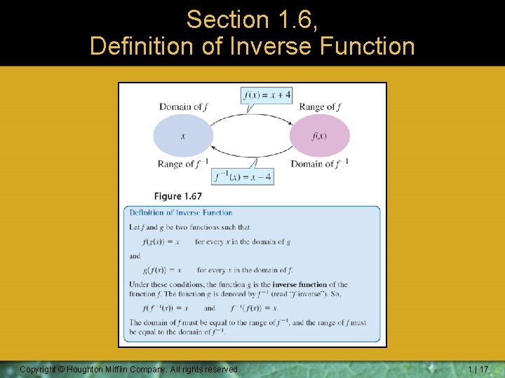Section 1. 6, Definition of Inverse Function Copyright © Houghton Mifflin Company. All rights