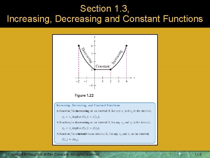 Section 1. 3, Increasing, Decreasing and Constant Functions Copyright © Houghton Mifflin Company. All