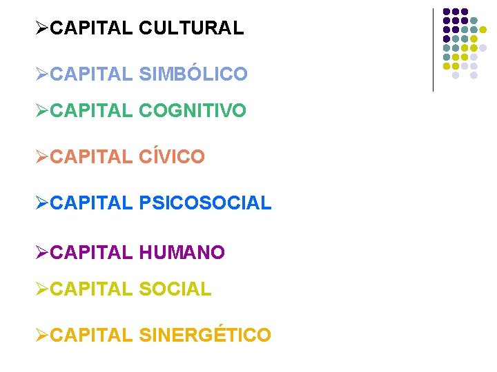 ØCAPITAL CULTURAL ØCAPITAL SIMBÓLICO ØCAPITAL COGNITIVO ØCAPITAL CÍVICO ØCAPITAL PSICOSOCIAL ØCAPITAL HUMANO ØCAPITAL SOCIAL