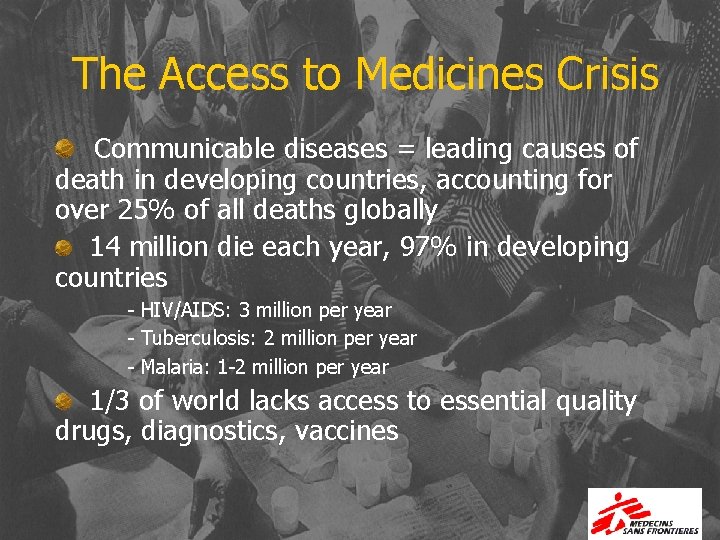 The Access to Medicines Crisis Communicable diseases = leading causes of death in developing