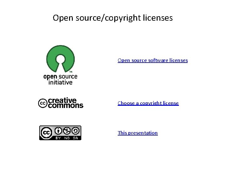 Open source/copyright licenses Open source software licenses Choose a copyright license This presentation 