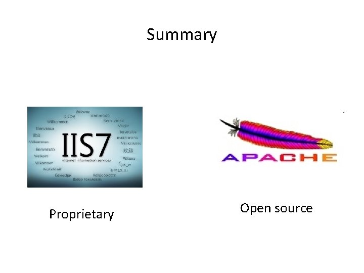 Summary Proprietary Open source 